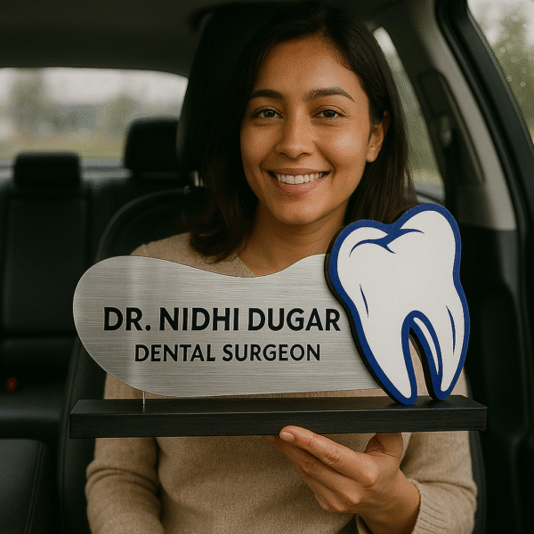 Custom dental name board with a metallic finish and 3D tooth design for dental surgeons