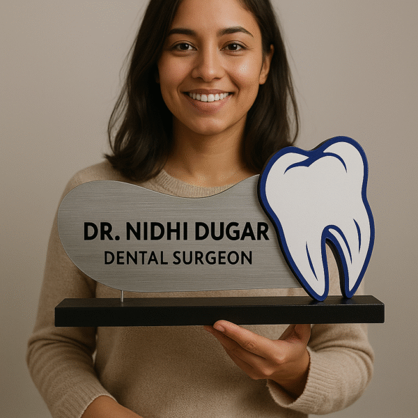 Custom dental name board with a metallic finish and 3D tooth design for dental surgeons