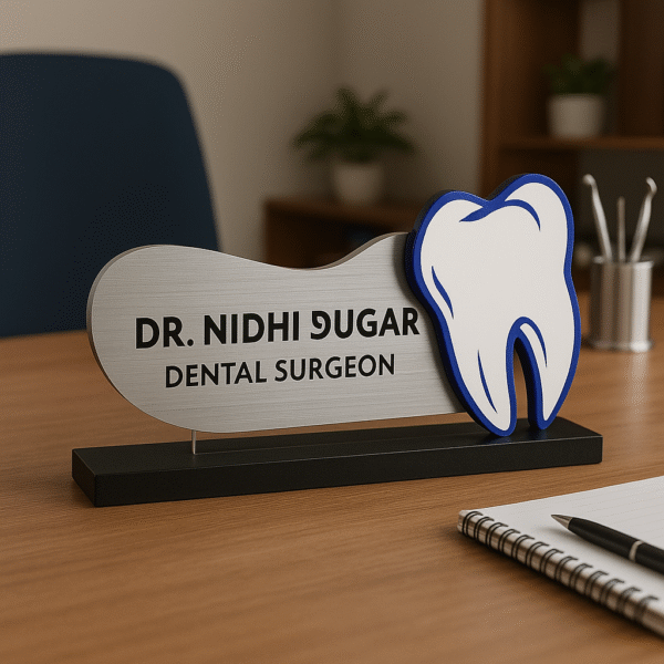 Custom dental name board with a metallic finish and 3D tooth design for dental surgeons
