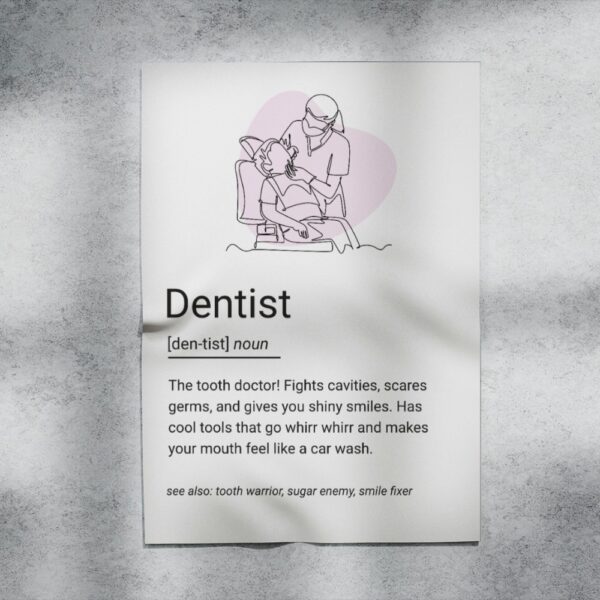 Minimal line art of a dentist treating a patient, with a playful and heartwarming definition of a dentist's role.