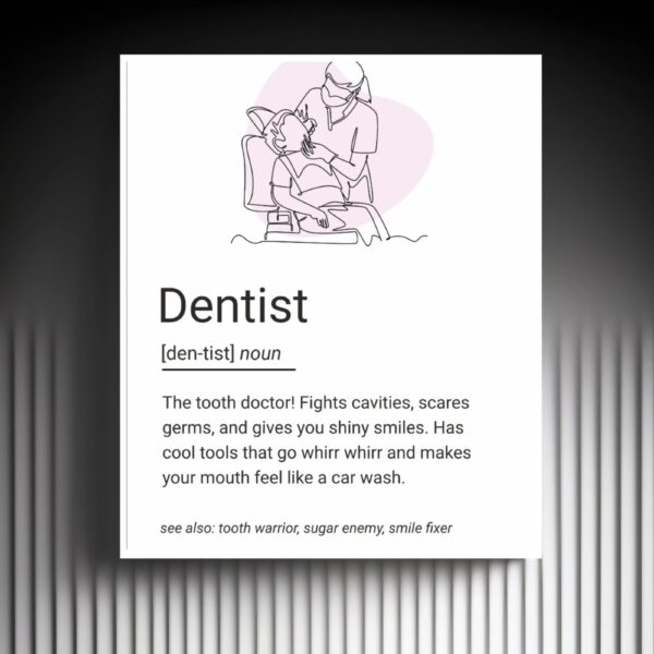 Minimal line art of a dentist treating a patient, with a playful and heartwarming definition of a dentist's role.