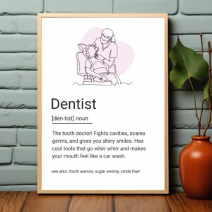 Minimal line art of a dentist treating a patient, with a playful and heartwarming definition of a dentist's role.