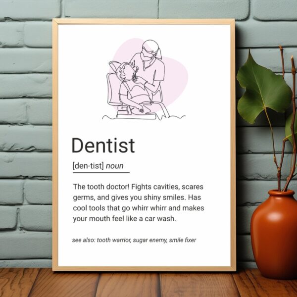 Minimal line art of a dentist treating a patient, with a playful and heartwarming definition of a dentist's role.
