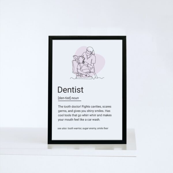 Minimal line art of a dentist treating a patient, with a playful and heartwarming definition of a dentist's role.