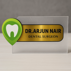 Custom desk name plate for dentist with gold acrylic finish and tooth icon for dental clinic