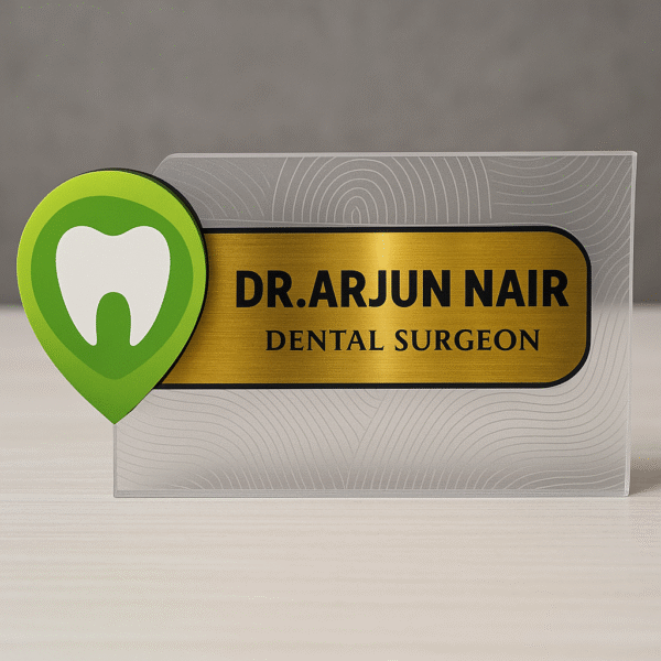 Custom desk name plate for dentist with gold acrylic finish and tooth icon for dental clinic