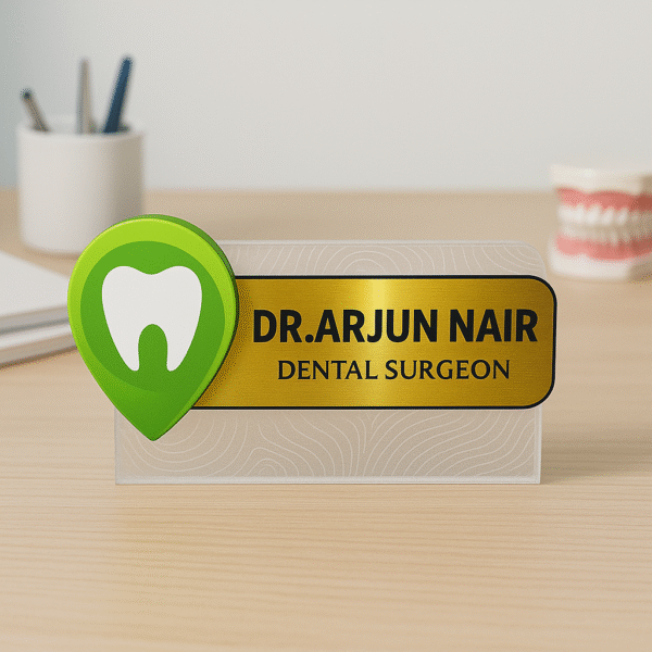 Custom desk name plate for dentist with gold acrylic finish and tooth icon for dental clinic