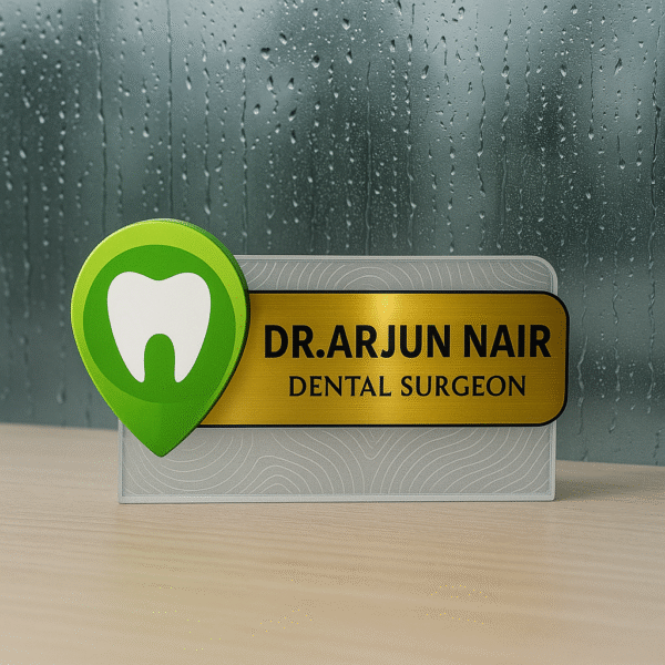Custom desk name plate for dentist with gold acrylic finish and tooth icon for dental clinic