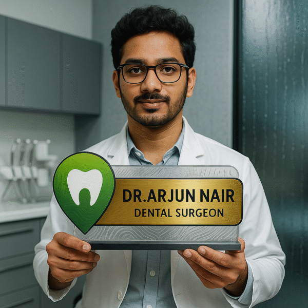 Custom desk name plate for dentist with gold acrylic finish and tooth icon for dental clinic