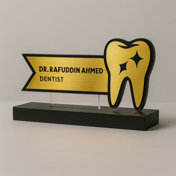 Dentist desk name plate with tooth icon – custom acrylic name board for dental clinics and hospitals