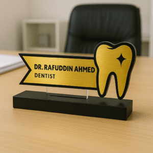 Dentist desk name plate with tooth icon – custom acrylic name board for dental clinics and hospitals