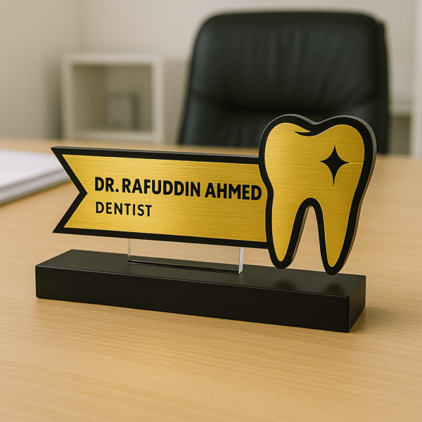 Dentist desk name plate with tooth icon – custom acrylic name board for dental clinics and hospitals