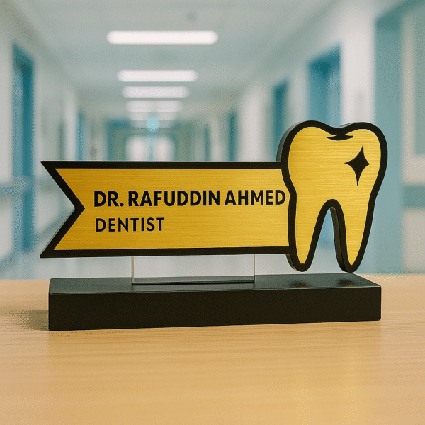 Dentist desk name plate with tooth icon – custom acrylic name board for dental clinics and hospitals