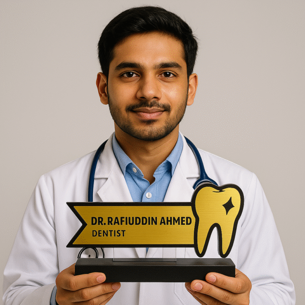 Dentist desk name plate with tooth icon – custom acrylic name board for dental clinics and hospitals