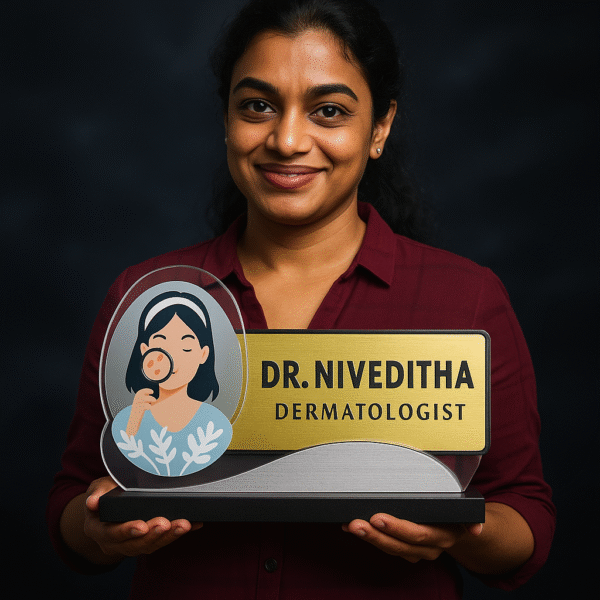 Personalized dermatologist name plate with female doctor icon and acne magnifier illustration