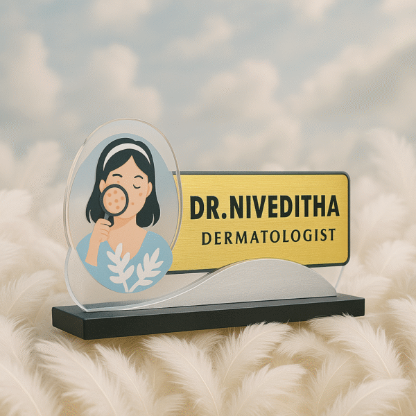 Personalized dermatologist name plate with female doctor icon and acne magnifier illustration