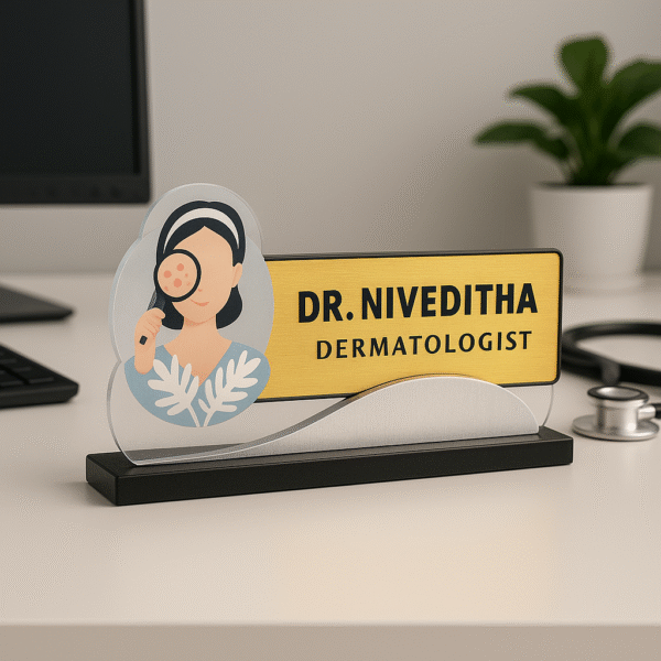 Personalized dermatologist name plate with female doctor icon and acne magnifier illustration
