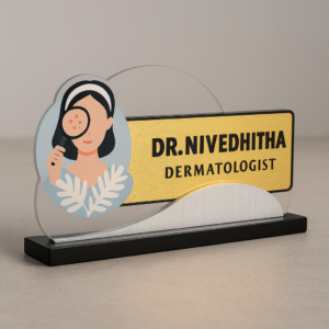 Personalized dermatologist name plate with female doctor icon and acne magnifier illustration