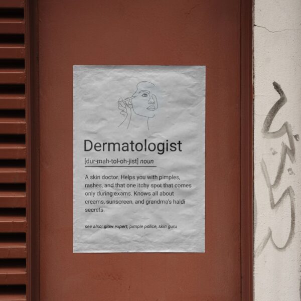 Minimal line art poster featuring a dermatologist applying skincare, with a playful dictionary-style definition for dermatologists.