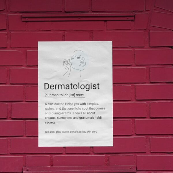 Minimal line art poster featuring a dermatologist applying skincare, with a playful dictionary-style definition for dermatologists.