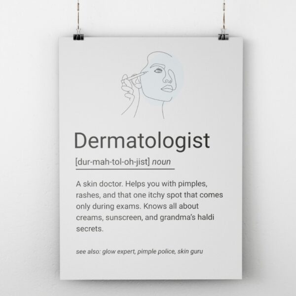 Minimal line art poster featuring a dermatologist applying skincare, with a playful dictionary-style definition for dermatologists.
