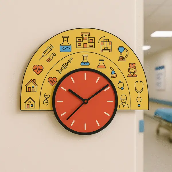 Semi-circle doctor wall clock with medical icons – perfect for clinics, hospitals, and doctor cabins