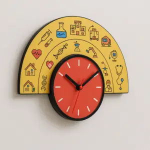 Semi-circle doctor wall clock with medical icons – perfect for clinics, hospitals, and doctor cabins