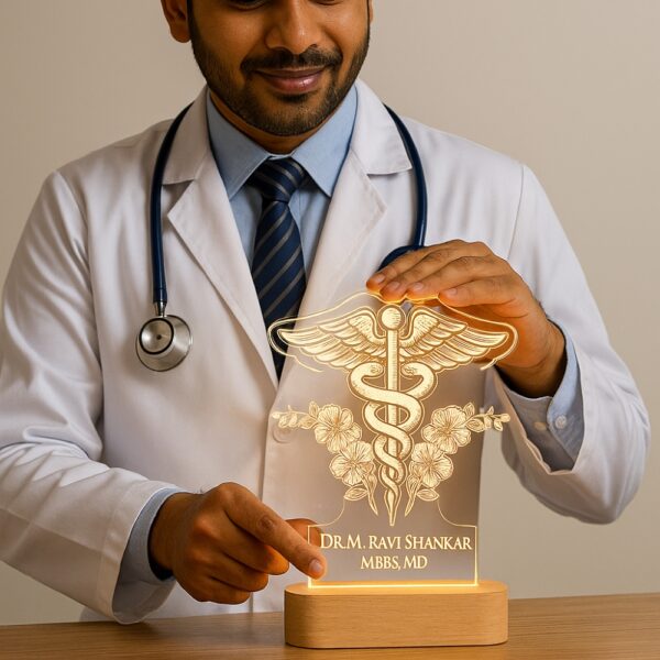 Custom LED night lamp with an engraved Caduceus medical symbol and floral accents, glowing warmly with the name “Dr. M. Ravi Shankar – MBBS, MD” on a wooden base, placed outdoors at dusk.