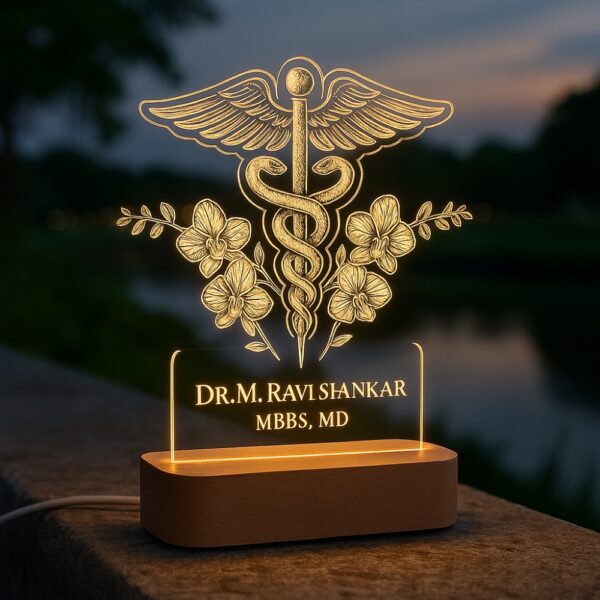 Custom LED night lamp with an engraved Caduceus medical symbol and floral accents, glowing warmly with the name “Dr. M. Ravi Shankar – MBBS, MD” on a wooden base, placed outdoors at dusk.