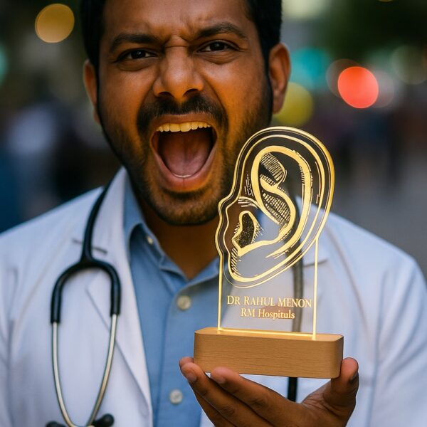 Custom LED night light with an anatomical ear illustration, engraved with “Dr. Rahul Meno – RM Hospitals,” glowing on a wooden base.