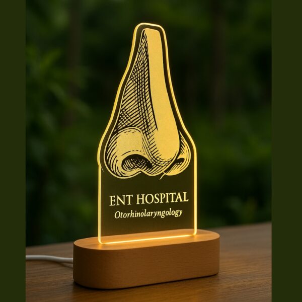Custom LED night lamp with an engraved anatomical nose illustration and the label “ENT Hospital – Otorrhinolaryngology,” glowing warmly on a wooden base during dusk.