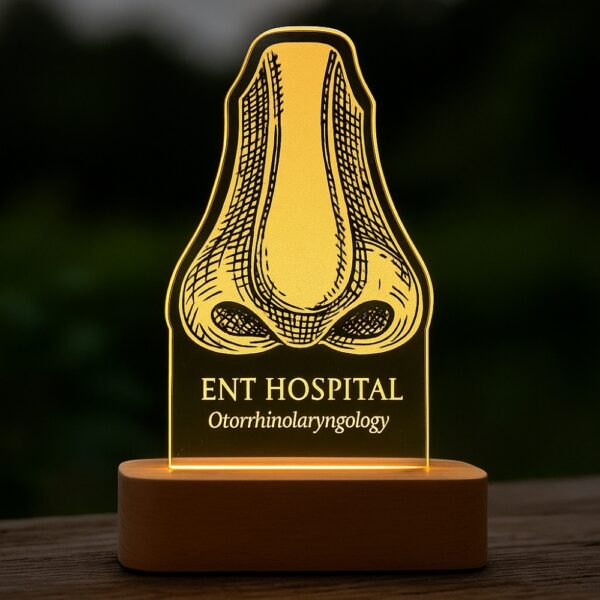 Custom LED night lamp with an engraved anatomical nose illustration and the label “ENT Hospital – Otorrhinolaryngology,” glowing warmly on a wooden base during dusk.