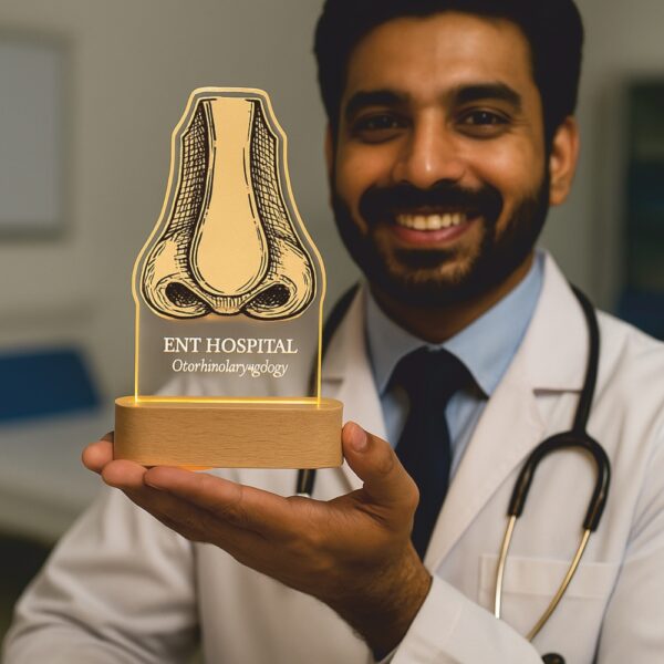 Custom LED night lamp with an engraved anatomical nose illustration and the label “ENT Hospital – Otorrhinolaryngology,” glowing warmly on a wooden base during dusk.