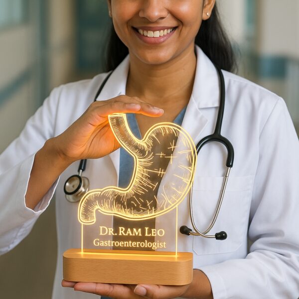 Customized LED night lamp with a glowing anatomical stomach design, engraved with “Dr. J. Ram Leo – Gastroenterologist,” placed on a wooden base in a hospital hallway.