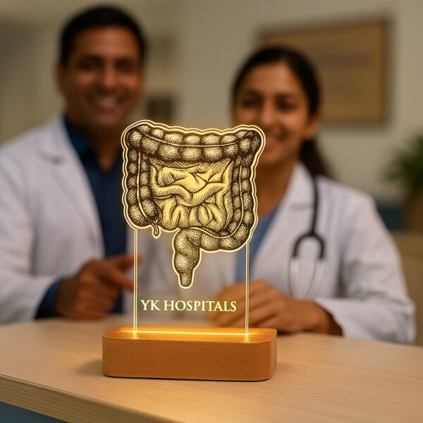 Custom LED night lamp featuring an intricate anatomical illustration of the human intestine with the engraving "YK Hospitals," glowing on a wooden base in a clinical setting.