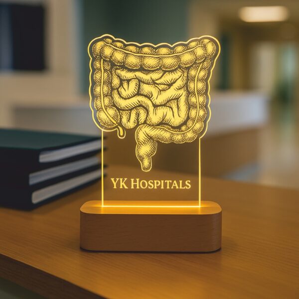 Custom LED night lamp featuring an intricate anatomical illustration of the human intestine with the engraving "YK Hospitals," glowing on a wooden base in a clinical setting.
