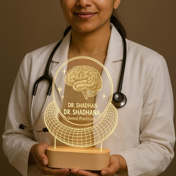 Custom LED night lamp with an engraved brain design and the text “SG. Clinic – Dr. Shadhana, General Practitioner” glowing on a wooden base, placed on a doctor’s desk.