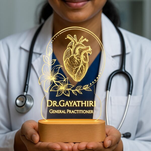 LED night lamp with a detailed anatomical heart and floral design, engraved with “Dr. Gayathiri – General Practitioner,” glowing on a wooden base in a clinic setting.