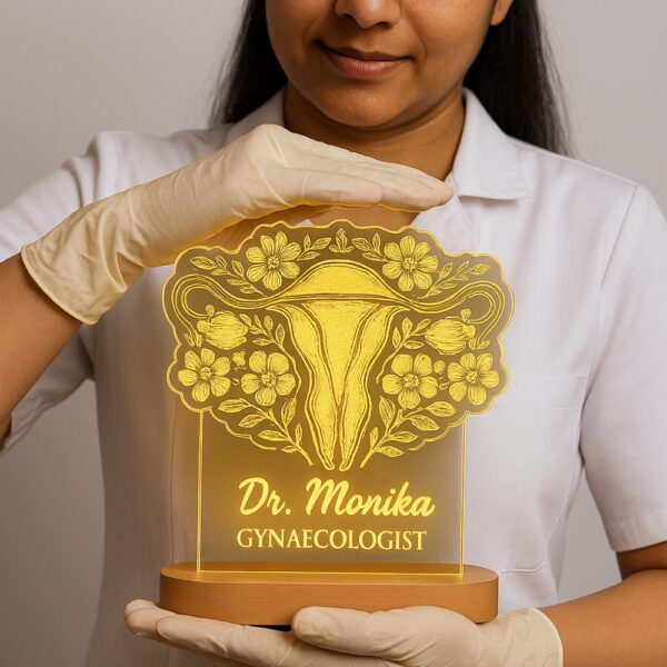 Customized LED night lamp with a floral anatomical uterus illustration and the engraved name “Dr. Monika – Gynaecologist,” glowing warmly on a wooden base in a clinic setting.
