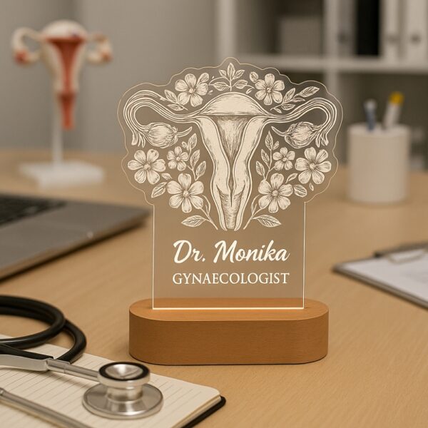 Customized LED night lamp with a floral anatomical uterus illustration and the engraved name “Dr. Monika – Gynaecologist,” glowing warmly on a wooden base in a clinic setting.