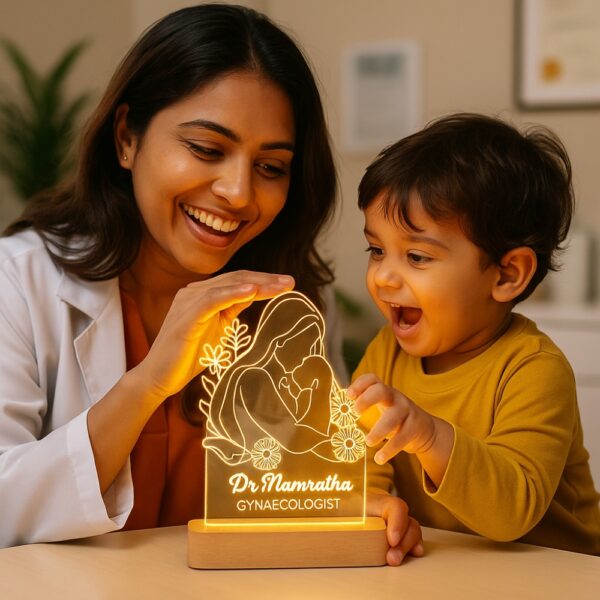 Personalized LED night lamp featuring a glowing illustration of a mother lovingly holding her baby, engraved with “Dr. Namratha – Gynaecologist,” displayed on a wooden base in a hospital setting.