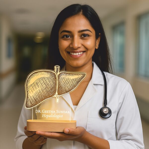 Custom LED night lamp with a detailed anatomical liver engraving, personalized with the name “Dr. Geetha Sundar – Hepatologist,” displayed on a wooden base in a hospital corridor.