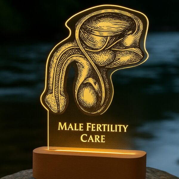 Custom LED night lamp featuring an anatomical illustration of the male reproductive system, engraved with “Male Fertility Care,” glowing warmly on a wooden base.