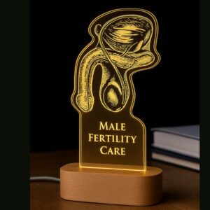 Custom LED night lamp featuring an anatomical illustration of the male reproductive system, engraved with “Male Fertility Care,” glowing warmly on a wooden base.