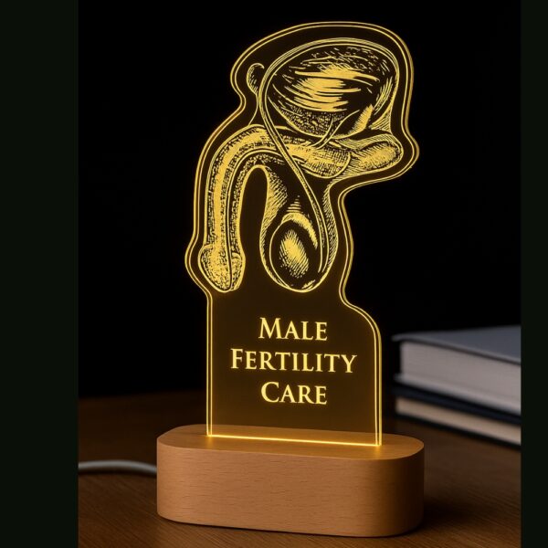 Custom LED night lamp featuring an anatomical illustration of the male reproductive system, engraved with “Male Fertility Care,” glowing warmly on a wooden base.