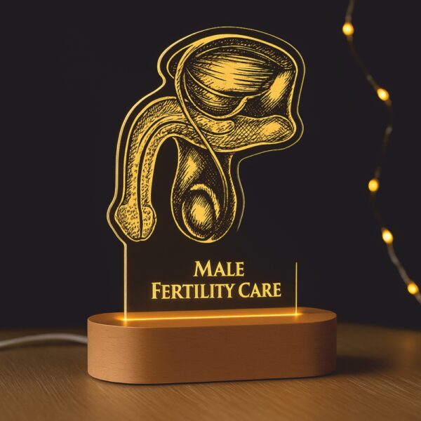 Custom LED night lamp featuring an anatomical illustration of the male reproductive system, engraved with “Male Fertility Care,” glowing warmly on a wooden base.