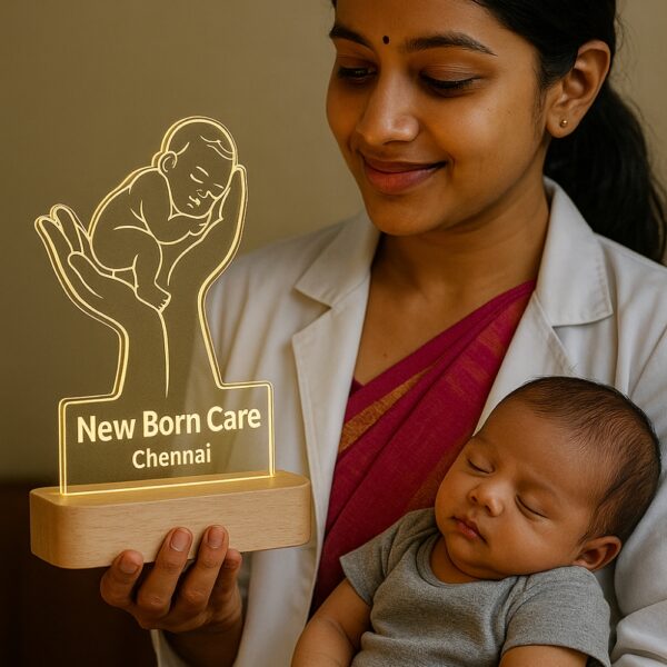 Custom LED night lamp featuring an engraved outline of a baby cradled in two hands, with the text “New Born Care – Chennai,” glowing warmly on a wooden base in a neonatal setting.