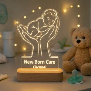 Custom LED night lamp featuring an engraved outline of a baby cradled in two hands, with the text “New Born Care – Chennai,” glowing warmly on a wooden base in a neonatal setting.