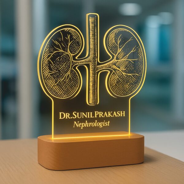 Custom LED night lamp featuring an engraved anatomical kidney illustration with the name “Dr. Sunil Prakash – Nephrologist,” glowing warmly on a wooden base in a hospital setting.