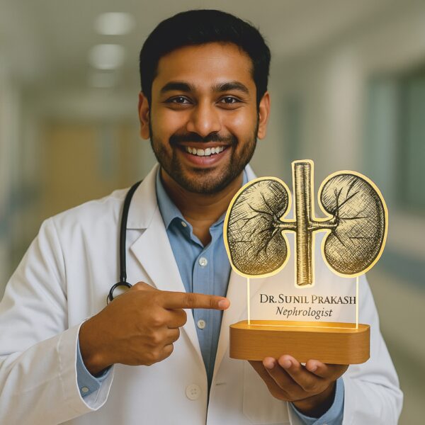 Custom LED night lamp featuring an engraved anatomical kidney illustration with the name “Dr. Sunil Prakash – Nephrologist,” glowing warmly on a wooden base in a hospital setting.